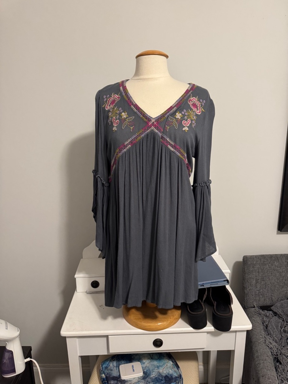 Umgee Gray Mini Dress with Pink & Green Embroidery